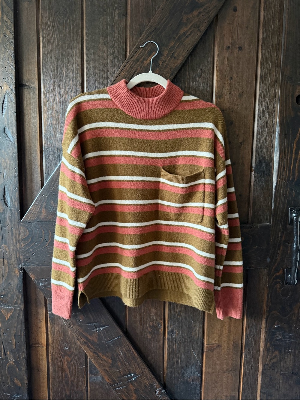 Madewell Wool Blend Striped Mock Neck Sweater Size S Pink Brown Pocket Cozy Knit